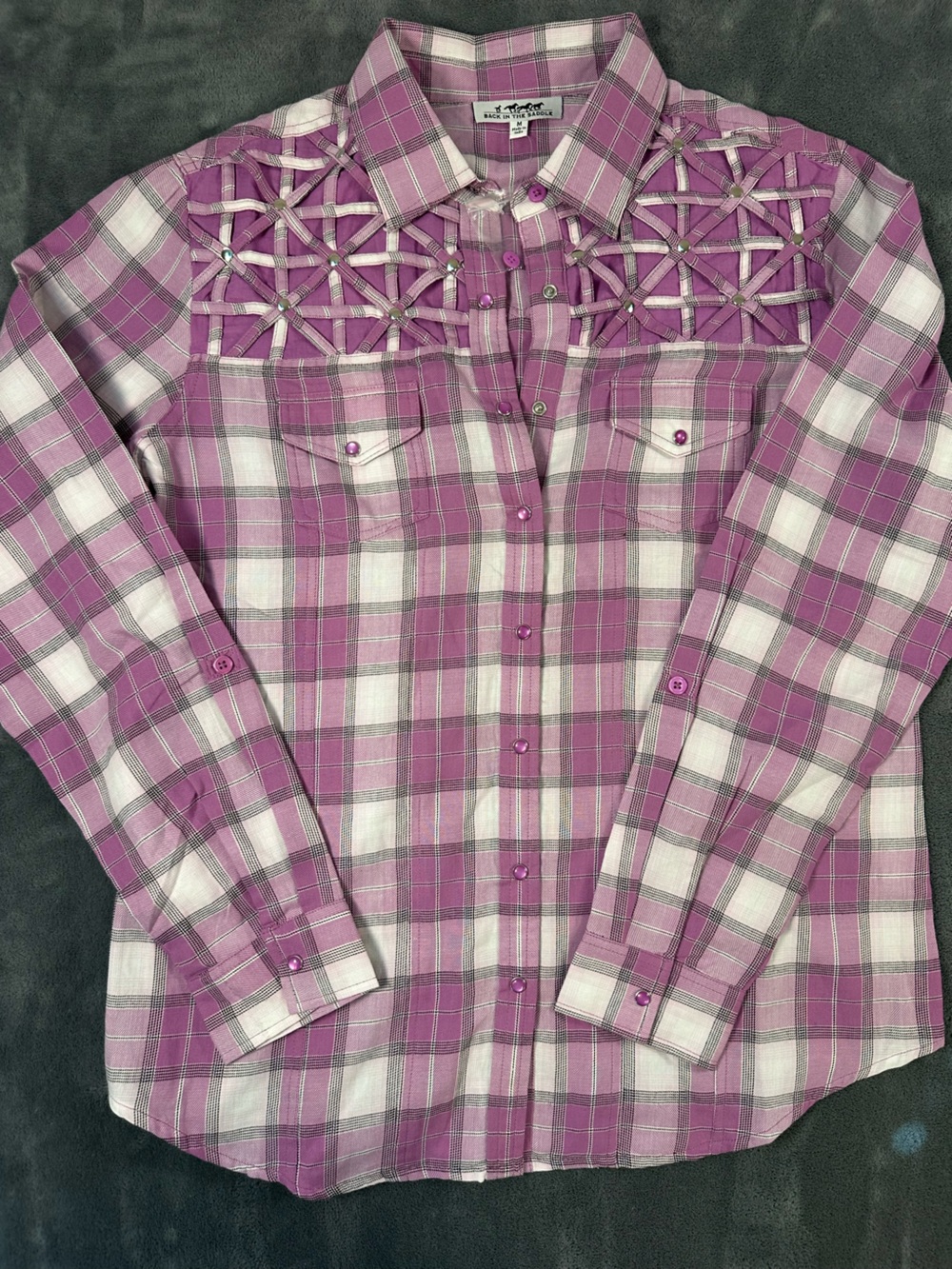 Women's Pink Plaid Button-Down Shirt with Lattice Yoke